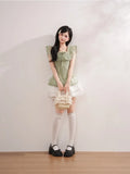 Daiiibabyyy  Vintage Japanese Square Collar Short Sleeve Solid Lace Patchwork Bow Women Blouse
