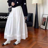 Daiiibabyyy  Basic Solid Color Lace Patchwork Long Skirts Spring Summer Aura Korean Women's Clothing High Waist Elastic Stylish Folds Skirts