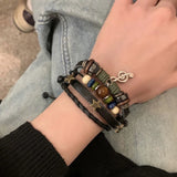 Daiiibabyyy  Handmade Hippie Design Brown Leather Bracelet Women Metal Star Note Charms Wood Button Beads Wrap Unisex Adjustable Bracelet