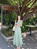 Daiiibabyyy  Green Floral Print Maxi Dress Summer Beach Vacation Essential Beautiful V-Neck Sleeveless High Waist A- Line Dress