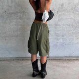 Daiiibabyyy  Women's Summer Shorts Cotton Mid Waist Drawstring Short Pants Olive Green Flap Pocket Casual Shorts Brown Loose Fit Cargo Shorts