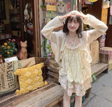 DAIIIBABYYY  -  Ethnic Style Pink Green Floral Pleated Sling Loose Flower Bud Women Summer New Dopamine Patchwork Square Neck Slip Dress