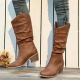 Daiiibabyyy  Europe America Fashion Round Head Thick Sole Western Boots For Women Leather High Top Pleated Casual Daily Footwear