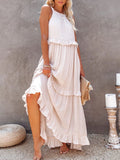 Daiiibabyyy Solid Casual Long Dress Women Summer Female Ruffle Pullover Beach Dresses Ladies Elegant Sleeveless Hollow Tie-Up Party Dress