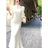 Daiiibabyyy  Autumn Winter Elegant Knitted Evening Party Dress Women Patchwork Vintage Casual Midi Dress Female Korean Style Clothing