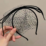 DAIIIBABYYY  -  Bowknot Bow Headband Sweet Princess Black Mesh Bride Veil Hair Hoop Wedding Photo Prop Face Wash Rhinestone Headband Daily
