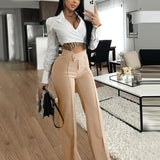 Daiiibabyyy  Women Pants High Waist Straight Trousers Cotton Wrinkle Free Wide Leg Pants Solid Color Beige Black Green Lilac Rust Pants