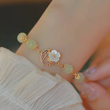 Daiiibabyyy Gold Color Hetian Jade Flower Bracelet For Women Girl Peach Blossom Shell Vintage Jewelry Birthday Gift Dropshipping