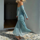 Daiiibabyyy  Fashion Strapless Long Sleeved A-line Dress Office Casual High Waist Pleated Robe Dress Lady One Shoulder Solid Evening Dresses
