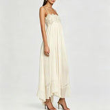 Daiiibabyyy  Elegant Lace Embroidery Splice Party Dress Lady Fashion Sleeveless Pleat Solid Long Dress Sexy Off Shoulder Silk Suspender Dress