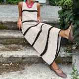 DAIIIBABYYY  -  Vestidos Sexy Crochet Hook Knitted Dress Woman O-Neck Striped Print Hollow Long Dress 2025 Summer Sleeveless Holiday Beach Dress