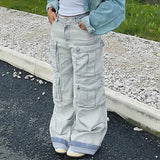 Daiiibabyyy Straight Casual Multi-pocket Paneled Cargo Jeans Women Fashion Washed Wide Leg Pants High-waisted High Street Y2k Trousers