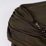 Daiiibabyyy  Beaded Design Low Cut V-neck Pleated One Shoulder Split Half Sleeved Top Sexy Temperament Spicy Girl T-shirt
