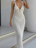 Daiiibabyyy  Sexy Low-cut V-neck Knitted Clothing Long Dress Elegant Backless Hollow Slim Fit White Dress Women Casual Sleeveless Beach Dress