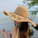 Daiiibabyyy  Straw Hat Women's Embroidered Letters Oversized Brim Straw Hat Female Summer Outdoor Show Face Small Beach Sunscreen Sun Hat