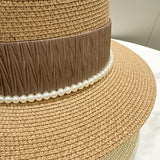 DAIIIBABYYY  -  Summer Elegant Pearl Chain Flat Sun Hats for Women Chapeau Feminino Straw Hat Panama Wide Brim Anti-UV Beach Cap Girl Topee