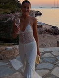 Daiiibabyyy  White Lace Sheer Corset Maxi Dress Eyelash Lace Trim Bodice High Slit Satin Skirt Summer Bridal Evening Party Women Outfit