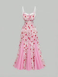 Daiiibabyyy  Pink Strawberry Floral Sheer Mermaid Dress With Lace Trim And Thin Straps For Spring Summer