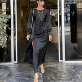 Daiiibabyyy Fashion Banquet Stain Split Long Dress Elegant Solid Round Neck Folds Party Dress Elegant Long Sleeve Women Slim Long Dress