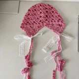 DAIIIBABYYY  -  Korean Ins Hand-woven Lace Bow Decorative Pullover Hat Women's Summer Street Fashion Hollow Breathable Knitted Beanie Cap