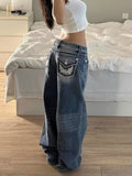 Daiiibabyyy  Vintage Embroidery Jeans Women Y2k Harajuku Baggy Blue Washed Denim Trousers Retro Streetwear High Waist Wide Leg Jeans