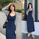 Daiiibabyyy  Ensemble Femme 2 Pièces Spring New High-end Designed Korean Style Temperature Niche Slim Floral Suspender Long Skirt + Cardigan