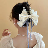 Daiiibabyyy Elegant Bow Ribbon Hairpin for Women Long Tassels Fashions Pearl Bowknot ponytail clip Retro Headband Girls Hair Accessories