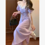 DAIIIBABYYY  -  French Gentle Splicing Lace Purple Bubble Sleeve Dress For Women Summer New Style High End Concealed Waist Elegant Long Dresses