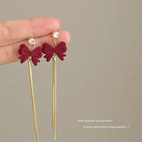 DAIIIBABYYY  -  Wine Red Flocking Bow-knot Rhinestone Pearl Tassel Drop Earrings for Women Korean Fashion Winter New Year Party Earring Jewelry