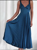 Daiiibabyyy  Summer Woman Dress Spaghetti Strap V Neck Maxi Dress Pleated A Line Silhouette Elegant Party Evening Dress Yellow Teal Emerald
