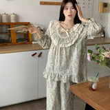 Daiiibabyyy  New Korean Sweet Style Lace Pajamas for Women Autumn Floral Bow Loose High-end Comfortable Temperature Home Wear Set