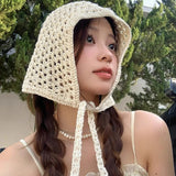 Daiiibabyyy  French Hollow Triangle Headband Towel For Women Beige Crochet Headbands Bandana Summer Travel Literary Photo Hair Scarf Bands