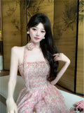 Daiiibabyyy  Princess Style Floral Lace Off-Shoulder Chiffon Dress Women's Summer Sleeveless Waist-Cinched Full Skirt Casual A-Line Dress