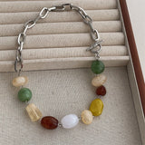 Daiiibabyyy  Creative Contrast Color Oval Round Geometric Natural Stone Strand Irregular Pendant Necklaces Women Silver Chain Chokers