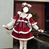 DAIIIBABYYY  -  Japan Kawaii Lolita Dress Sets Women Hooded Shawl Short Jackets Bow Mini Skirt Korean Style Sweet Red Christmas New Year Suit
