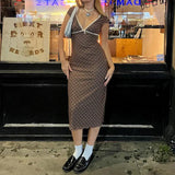 DAIIIBABYYY  -  Women's Summer New Polka Dot Spliced Color V-Neck American Style Fashion Elegant Slim Short Sleeve Commuter Aesthetic Dresses