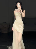 Daiiibabyyy  Luxury Mermaid Evening Dresses Women Sexy Sparkle Mesh Stitching Sequins Strapless Party Dress Lady Special Occasion Prom Gowns