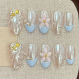 Daiiibabyyy  10pcs Summer Handmade Nails Sets Press on Flower Blue French Short Almond Fake Nails Art Aurora Design False Nail Tips Finished