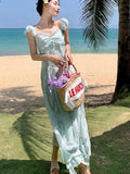 Daiiibabyyy French 2024 Summer Woman Green Ruffle Edge Slip Long Dresses Sexy Club Fashion Backless Holiday Party Sleevess Sundress Bohemian
