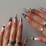 Daiiibabyyy  24pcs Y2k Almond Fake Nails Colorful Stripes French Style False Nail Metal Star Pearl Decor Press On Nails Spicy Girl Manicure