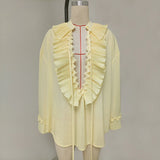 Daiiibabyyy  2025 Elegant Sexy Chiffon Summer Tops Pleated Ruffles Trim V-neck Long Sleeved Sheer Loose Shirts Blouse Holiday Streetwear