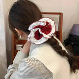 DAIIIBABYYY  -  Pleated red edge ballet style large intestine ring high sense versatile double lace hair band ponytail flower hair accessories