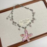 Daiiibabyyy  Y2K Pink Metal Starfish Flower Pendant Necklace for Women Men Luxury Imitation Pearl Beads Choker Clavicle Chain Trendy Jewelry
