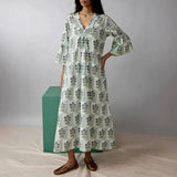 Daiiibabyyy  Summer New Pleated Commute Maxi Dresses Leisure V-neck Printed Half Sleeve Dress Elegant Women's High Waist Loose A-line Dress