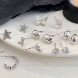 DAIIIBABYYY  -  Silver Plated Elegant INS Style Butterfly Star Stud Earrings Set Women Korean Fashion Simple Geometric Earring Jewelry