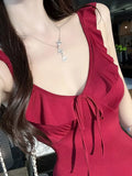 Daiiibabyyy  Summer Women Party Backless Bandage Dresses Lady Daily Holiday Leisure Satin Dress Female Gentle Aesthetic Long Bridal Dress