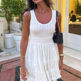 Daiiibabyyy  Knitted Hollow Mini Dress Fashion Slim Sleeveless Pleated A-line Dress New Vintage High Waist Y2k Women Dresses Vestidos