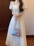 DAIIIBABYYY  -  Women's Square Neck Bubble Sleeve Lace Mesh Design Dress Summer New French Gentle Stylish Hight Waist Long A-Line Dresses