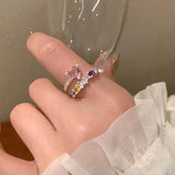 Daiiibabyyy  Y2K Pink Zircon Hollow Heart Rings for Women Minimalist Silver Color Opening Adjustable Ring Jewelry Wedding Gift