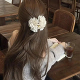 Daiiibabyyy  1PCShimmering Floral Hair Claw Clips For Women Elegant Pink White Fabric Flower Hair Clip Sweet Fashion Hair Accessory For Daily